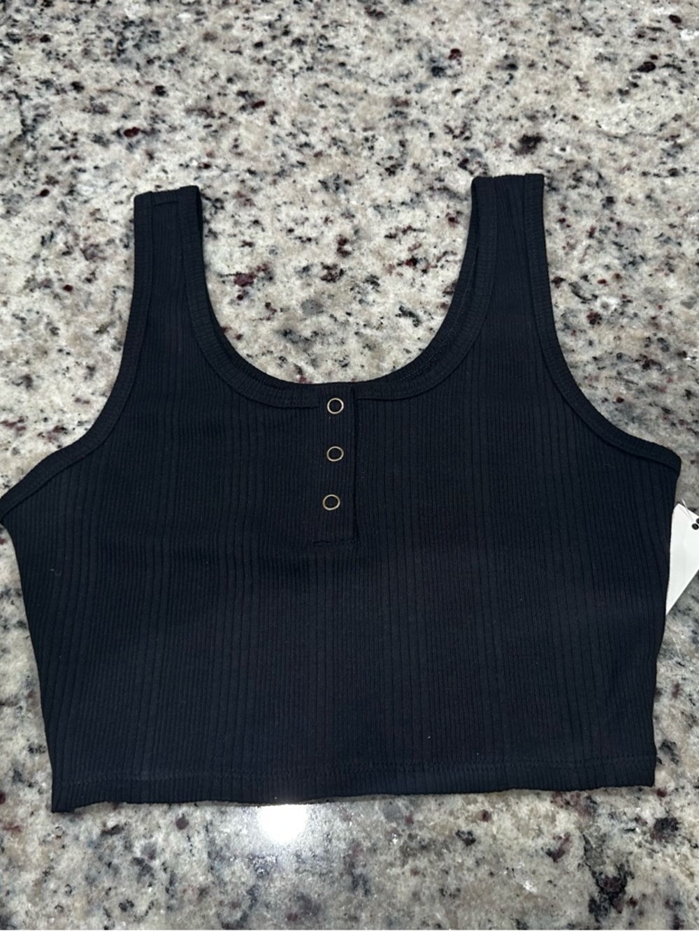 Black Ribbed Tank Crop Top with Snap Detail - Women